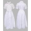 imageCHICME Elegant Turn Down Collar Plaid Mesh Double Layered Cinched Waist 2025 A Line Shirt Maxi DressWhite