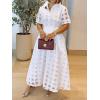 imageCHICME Elegant Turn Down Collar Plaid Mesh Double Layered Cinched Waist 2025 A Line Shirt Maxi DressWhite