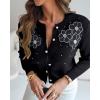 imageCHICME Womens Elegant 3D Pearl Embellished Floral 2025 Knit Cardigan Long Sleeve Round Neck Front Sweater CoatBlack