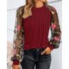 imageWomen Long Sleeve Shirt Sheer Mesh Blouse Shirred Slim fit Spring TopsEmbroiderywine Red