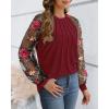 imageWomen Long Sleeve Shirt Sheer Mesh Blouse Shirred Slim fit Spring TopsEmbroiderywine Red
