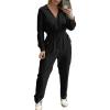 imageCHICME 2025 Casual Jumpsuits for Women Lapel VNeck Long Sleeve Drawstring Waist Jumpsuit with Side PocketsBlack