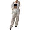 imageCHICME 2025 Womens Textured Two Piece Outfit Set Elegant Button Down Long Sleeve Shirt and Loose Wide Leg Pants SetWhite