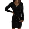 imageCHICME 2025 Womens V Neck Ribbed Long Sleeve Sweater Dress Button Decor Adjustable Drawstring Waist Mini DressBlack