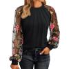 imageWomen Long Sleeve Shirt Sheer Mesh Blouse Shirred Slim fit Spring TopsEmbroideryblack