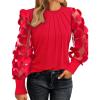 imageWomen Long Sleeve Shirt Sheer Mesh Blouse Shirred Slim fit Spring TopsRed