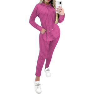 imageCHICME 2025 2 Piece Outfits for Women Ribbed Sweater Hoodie Long Sleeve Pullover and Skinny Pants SetHot Pink