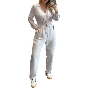 imageCHICME 2025 Casual Jumpsuits for Women Lapel VNeck Long Sleeve Drawstring Waist Jumpsuit with Side PocketsBeige
