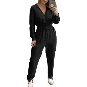 imageCHICME 2025 Casual Jumpsuits for Women Lapel VNeck Long Sleeve Drawstring Waist Jumpsuit with Side PocketsBlack