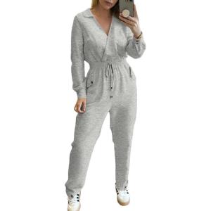 imageCHICME 2025 Casual Jumpsuits for Women Lapel VNeck Long Sleeve Drawstring Waist Jumpsuit with Side PocketsGray