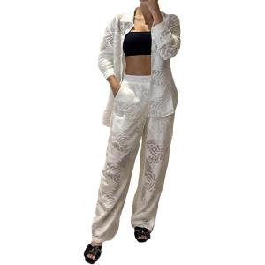 imageCHICME 2025 Womens Textured Two Piece Outfit Set Elegant Button Down Long Sleeve Shirt and Loose Wide Leg Pants SetWhite
