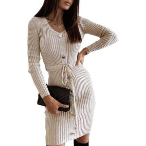 imageCHICME 2025 Womens V Neck Ribbed Long Sleeve Sweater Dress Button Decor Adjustable Drawstring Waist Mini DressCapricot