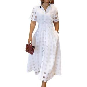 imageCHICME Elegant Turn Down Collar Plaid Mesh Double Layered Cinched Waist 2025 A Line Shirt Maxi DressWhite