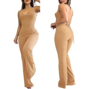 imageCHICME Jumpsuits for Women Dressy Bandeau Thick Strap Casual Jumpsuit Backless Laceup Party Holiday OverallsTkhaki