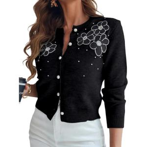 imageCHICME Womens Elegant 3D Pearl Embellished Floral 2025 Knit Cardigan Long Sleeve Round Neck Front Sweater CoatBlack
