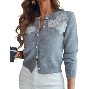 imageCHICME Womens Elegant 3D Pearl Embellished Floral 2025 Knit Cardigan Long Sleeve Round Neck Front Sweater CoatGray