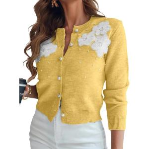 imageCHICME Womens Elegant 3D Pearl Embellished Floral 2025 Knit Cardigan Long Sleeve Round Neck Front Sweater CoatYellow