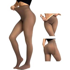 imageCHICME Womens Thick Fleece Lined Transparent Tights 2025 High Waist Elasticity Thermal Pantyhose Faux Sheer Warm LeggingsBrown