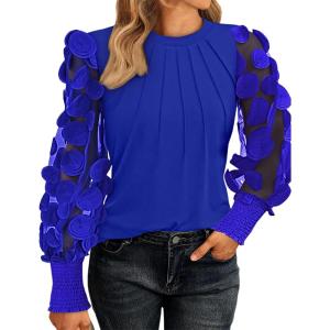 imageWomen Long Sleeve Shirt Sheer Mesh Blouse Shirred Slim fit Spring TopsBlue