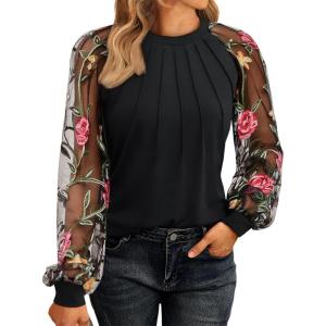 imageWomen Long Sleeve Shirt Sheer Mesh Blouse Shirred Slim fit Spring TopsEmbroideryblack