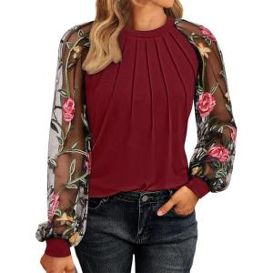 imageWomen Long Sleeve Shirt Sheer Mesh Blouse Shirred Slim fit Spring TopsEmbroiderywine Red