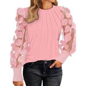 imageWomen Long Sleeve Shirt Sheer Mesh Blouse Shirred Slim fit Spring TopsPink