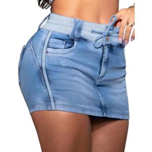 imageCHICME Womens Casual Denim Skirt Builtin Short Jean Denim Skirt Ripped Drawstring Denim SkortsBlue