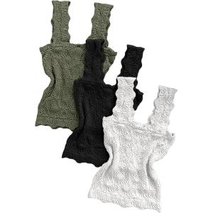 imageCHICME Womens Square Neck Sleevless Wide Strap Flower Lettuce Trim Crop Tank Tops Cute Slim Fit Summer TopP3pcs greenblackwhite