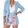 imageCHICME Womens 2 Piece Blazer Set Open Front Blazer Coat with Floral Print Shorts Summer Suits Set 2025 Without BeltBlue