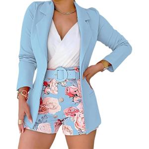 imageCHICME Womens 2 Piece Blazer Set Open Front Blazer Coat with Floral Print Shorts Summer Suits Set 2025 Without BeltBlue