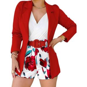 imageCHICME Womens 2 Piece Blazer Set Open Front Blazer Coat with Floral Print Shorts Summer Suits Set 2025 Without BeltZred