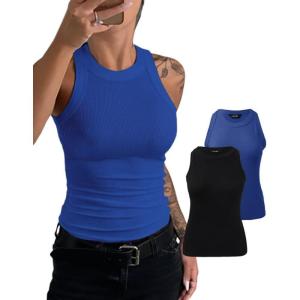 imageCHICME Womens 2 Piece Sleeveless Tank Tops Summer Casual Basic Ribbed Fitted Thick Strap Racerback Top2pcs  Blackblue