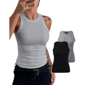 imageCHICME Womens 2 Piece Sleeveless Tank Tops Summer Casual Basic Ribbed Fitted Thick Strap Racerback Top2pcs  Blackgray