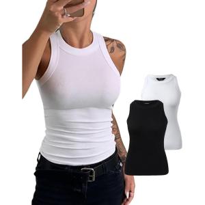imageCHICME Womens 2 Piece Sleeveless Tank Tops Summer Casual Basic Ribbed Fitted Thick Strap Racerback TopA2pcs  Blackwhite