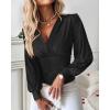 imageCHICME Women Long Sleeve Blouse VNeck HollowOut Ruched Lantern Sleeve Tee Casual TopBlack