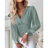 imageCHICME Women Long Sleeve Blouse VNeck HollowOut Ruched Lantern Sleeve Tee Casual TopGreen