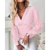 imageCHICME Women Long Sleeve Blouse VNeck HollowOut Ruched Lantern Sleeve Tee Casual TopPink