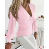 imageCHICME Women Long Sleeve Blouse VNeck HollowOut Ruched Lantern Sleeve Tee Casual TopPink