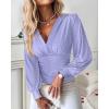 imageCHICME Women Long Sleeve Blouse VNeck HollowOut Ruched Lantern Sleeve Tee Casual TopPurple