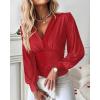 imageCHICME Women Long Sleeve Blouse VNeck HollowOut Ruched Lantern Sleeve Tee Casual TopRed