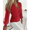 imageCHICME Women Long Sleeve Blouse VNeck HollowOut Ruched Lantern Sleeve Tee Casual TopRed
