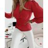 imageCHICME Women Long Sleeve Blouse VNeck HollowOut Ruched Lantern Sleeve Tee Casual TopRed