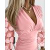 imageCHICME Women Long Sleeve Blouse VNeck HollowOut Ruched Lantern Sleeve Tee Casual TopXfloral Pink