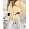 imageCHICME Women Long Sleeve Blouse VNeck HollowOut Ruched Lantern Sleeve Tee Casual TopYellow