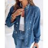 imageCHICME Womens Pearl Rhinestone Embellished 2025 Denim Shirt Long Sleeve Button Down Turn Down Collar Casual JeanBlue