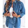 imageCHICME Womens Pearl Rhinestone Embellished 2025 Denim Shirt Long Sleeve Button Down Turn Down Collar Casual JeanBlue