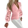 imageCHICME Women Long Sleeve Blouse VNeck HollowOut Ruched Lantern Sleeve Tee Casual TopXfloral Pink