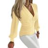 imageCHICME Women Long Sleeve Blouse VNeck HollowOut Ruched Lantern Sleeve Tee Casual TopYellow