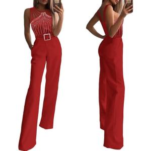 imageCHICME Women Multi Strap Sleeveless Jumpsuit Sparkle Rhinestone Rompers Dressy Jumpsuits for Women Evening PartyWine Red