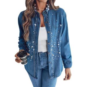 imageCHICME Womens Pearl Rhinestone Embellished 2025 Denim Shirt Long Sleeve Button Down Turn Down Collar Casual JeanBlue